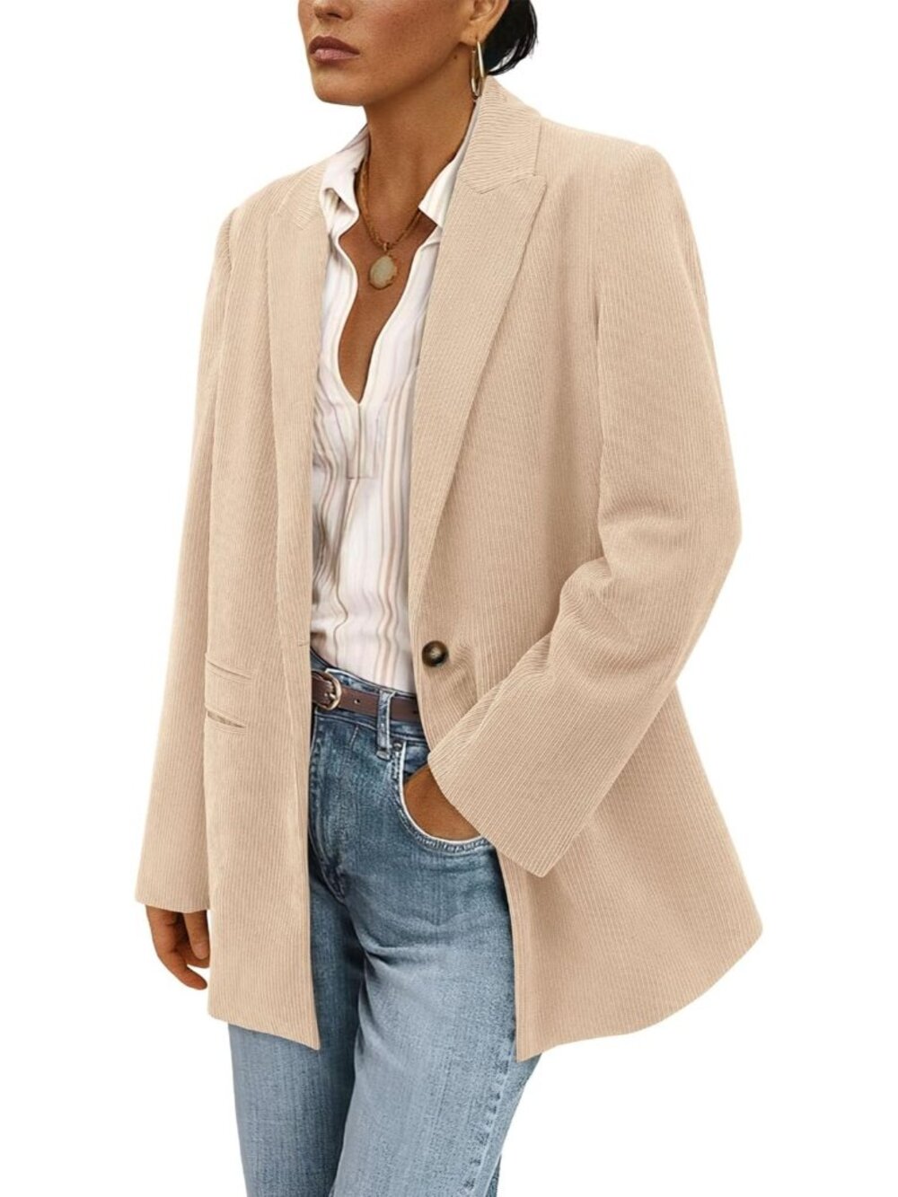 Women's Light Khaki Long Sleeve Lapel Button Fall Coat Corduroy Blazer Jacket